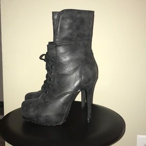 Vegan leather dark gray high heeled boots